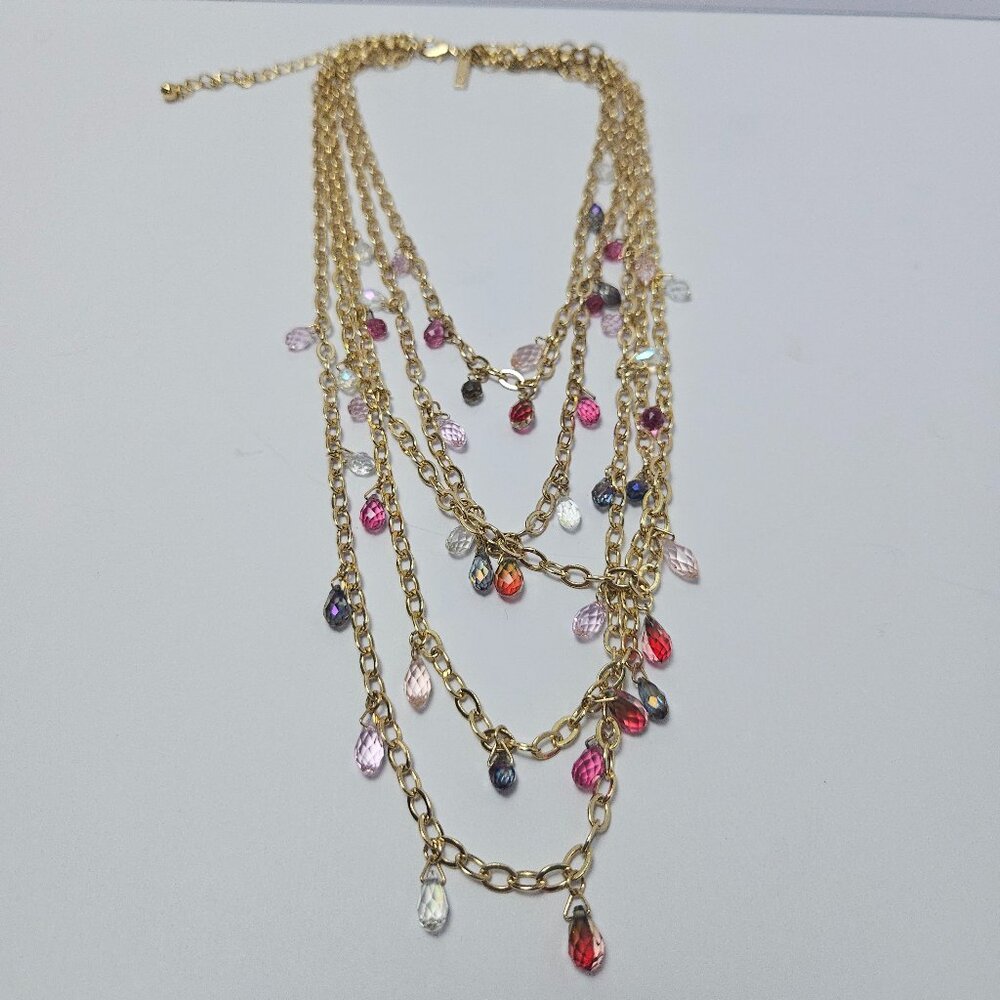White House Black Market 5 Strand Gold Tone Glass Crystal Necklace